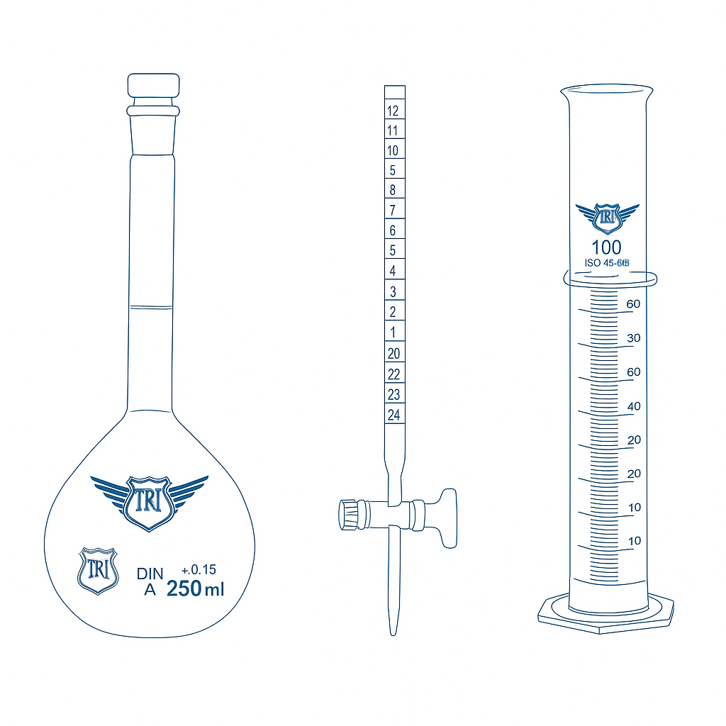 Illustration of volumetric flask, burette, and graduated cylinder featuring TRI winged logo for branded laboratory use
